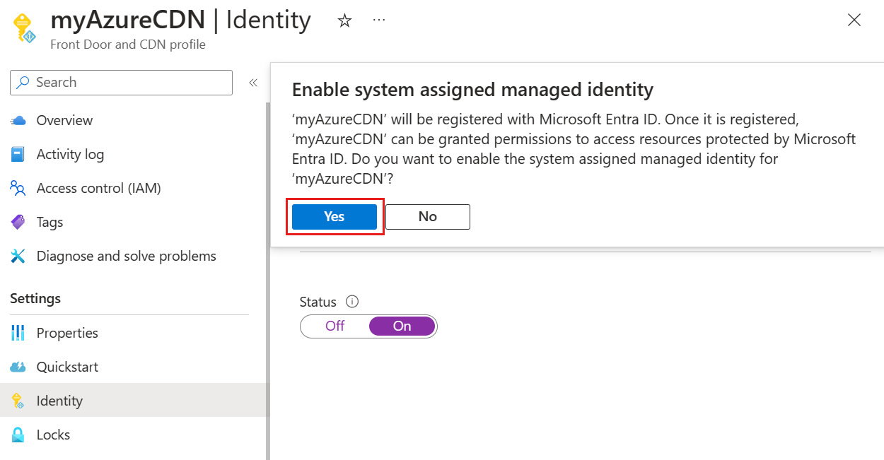 Screenshot of the system assigned managed identity confirmation message.