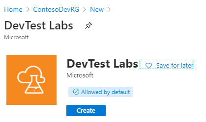 Screenshot of the Create button for DevTest Labs on the portal.