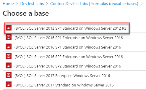 Screenshot that shows the selection of a SQL Server 2012 R2 base.