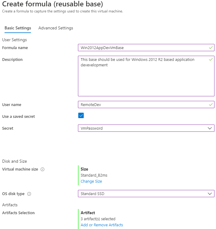 Screenshot that shows the selected VM size and artifacts for the Windows 2012 R2 base configuration.