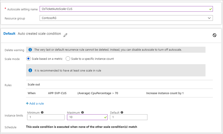 Screenshot of the autoscale settings page for the second region.