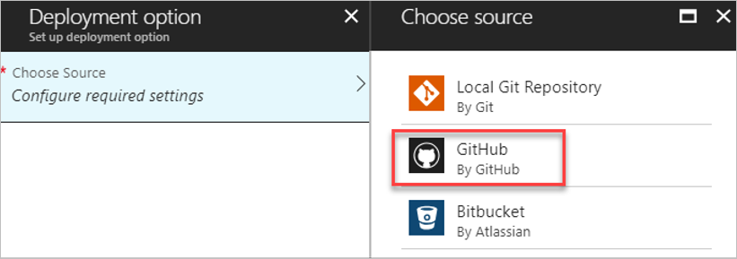 Screenshot of the Deployment option pane, with GitHub selected as the source.