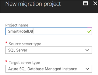 Screenshot that shows the New migration project pane.