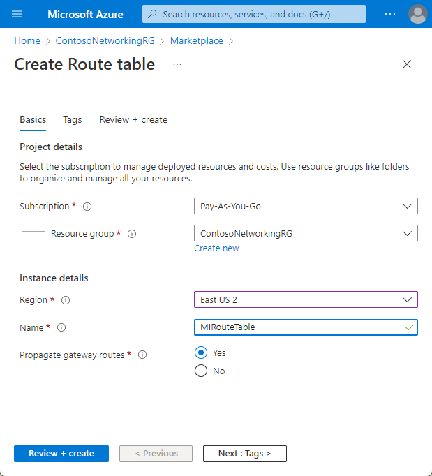 Screenshot that shows the Create route table dialog.