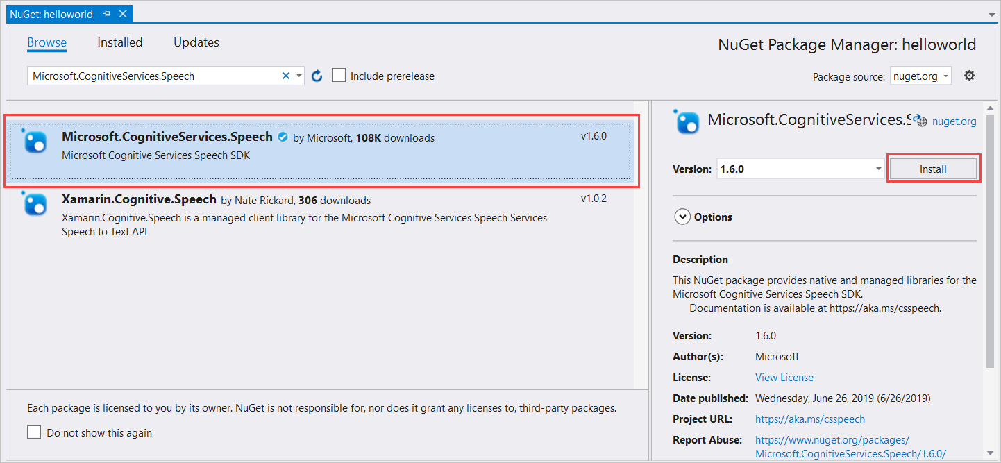 Screenshot that shows installing the Microsoft.CognitiveServices.Speech NuGet package.