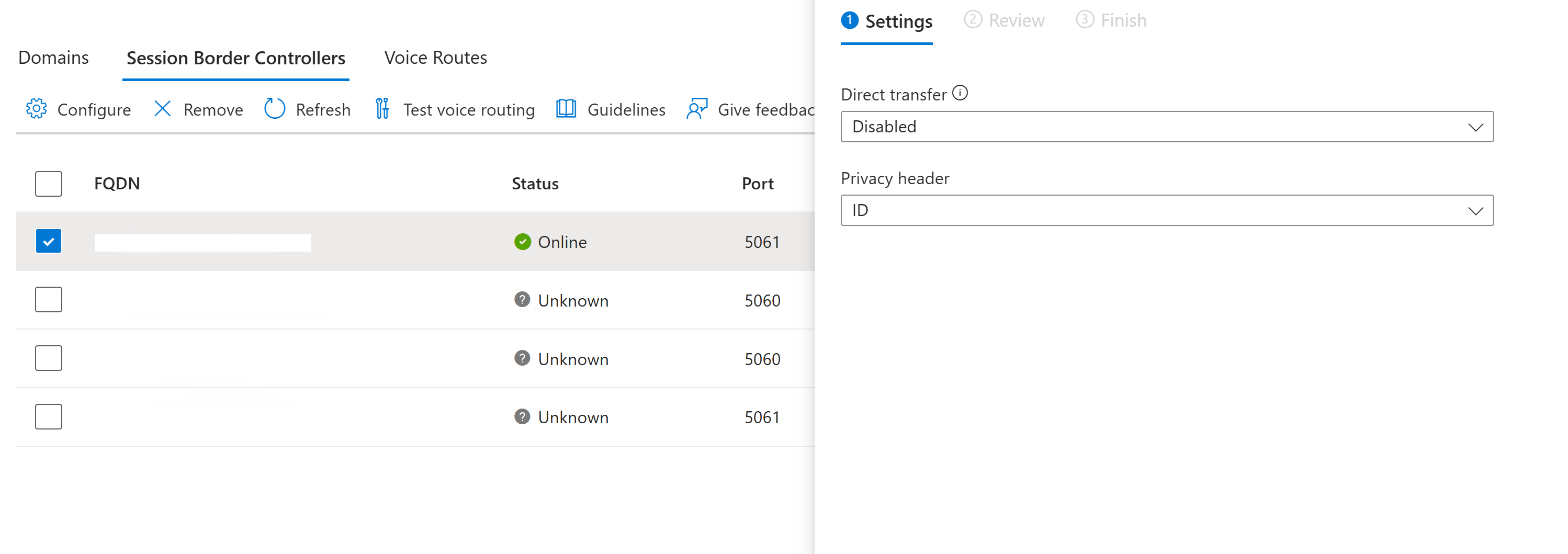 Screenshot of Direct Routing settings.