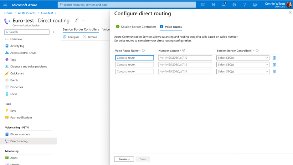 Screenshot of outgoing voice routing configuration.