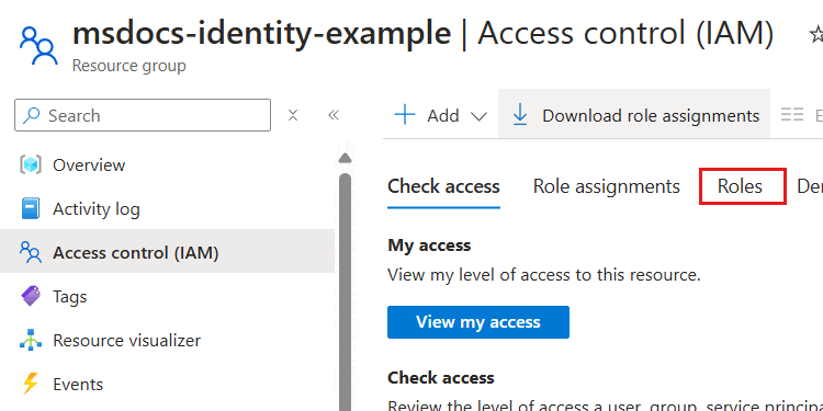 Screenshot that shows the Roles option in the Access Control (IAM) pane.