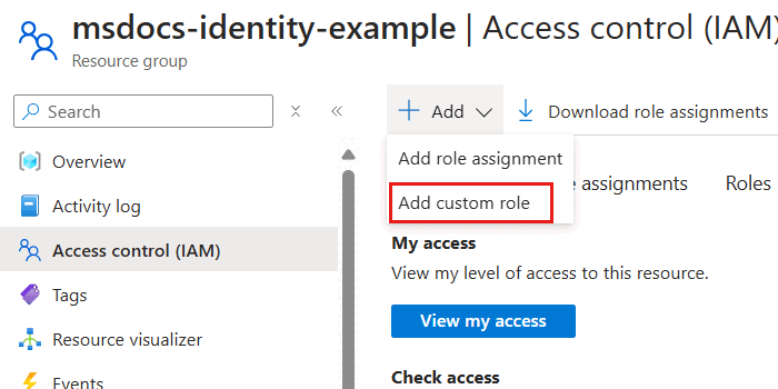 Screenshot that shows the Add custom role option in the Access Control (IAM) menu for the Add option.
