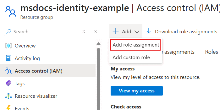 Screenshot that shows the Add role assignment option on the Access Control (IAM) menu for the Add option.