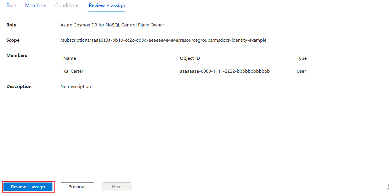 Screenshot that shows the Review + create pane for a role assignment.