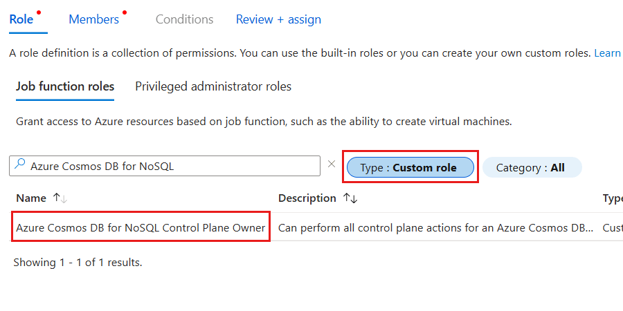 Screenshot that shows the Role pane for adding a role assignment.