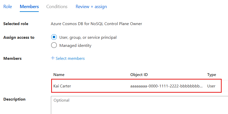 Screenshot that shows the Members pane with a selected identity for a role assignment.