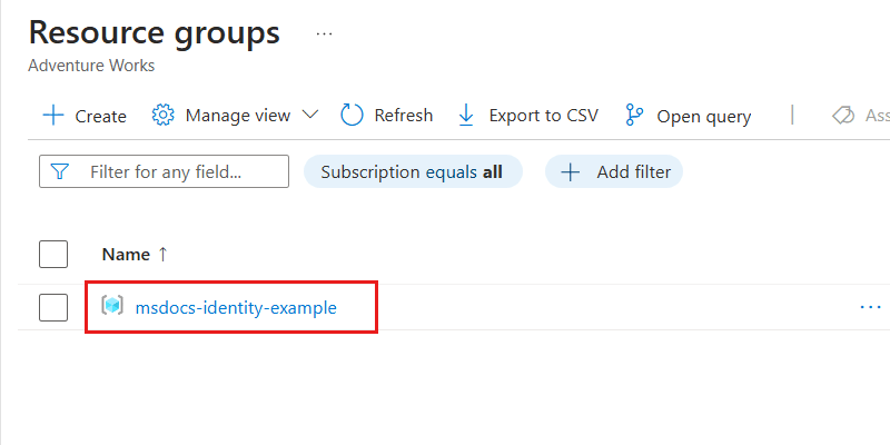 Screenshot that shows an existing resource group in the list of resource groups for the subscription.