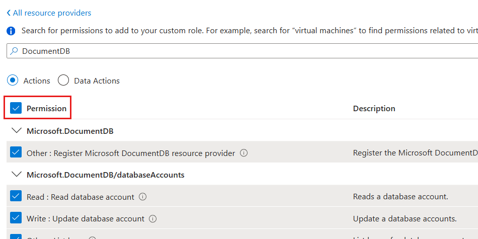 Screenshot that shows all permissions selected for DocumentDB in a dialog for a custom role.