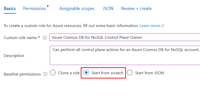 Screenshot that shows the Basics pane for adding a custom role.