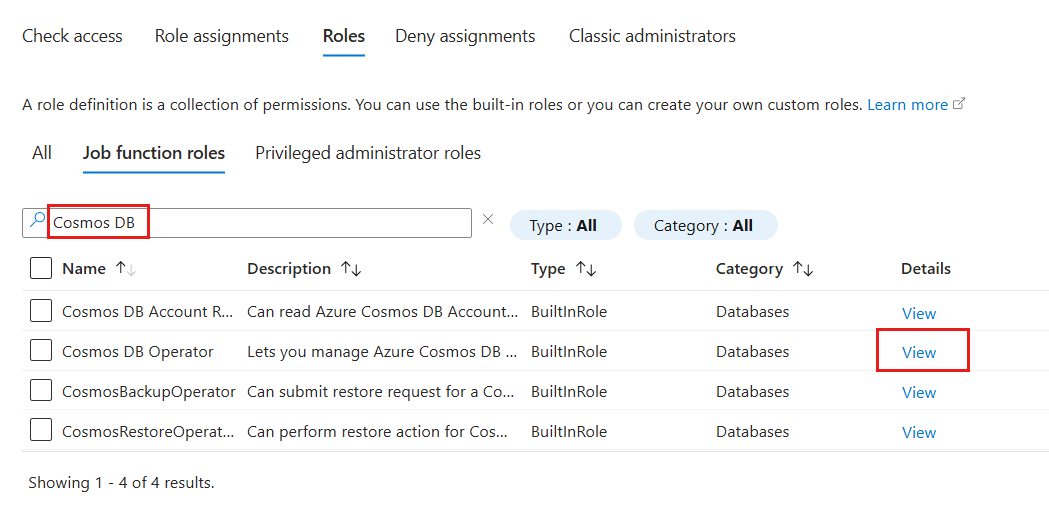 Screenshot that shows a list of role definitions at the current assignable scope filtered to include only definitions with Cosmos DB in the title.