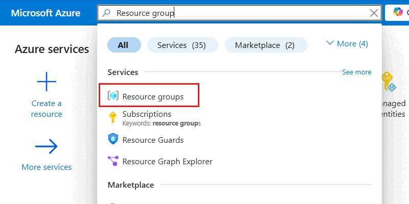 Screenshot that shows the Resource groups option selected in the search menu.