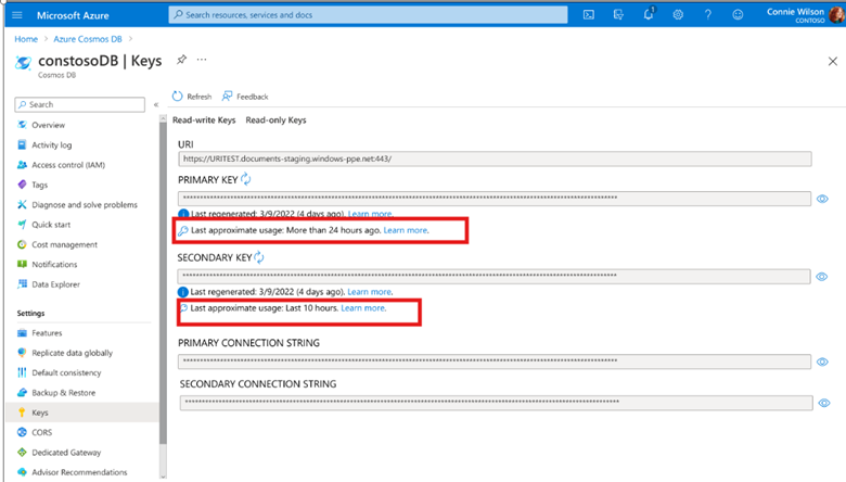Screenshot showing safe key rotation in an Azure Cosmos DB account.