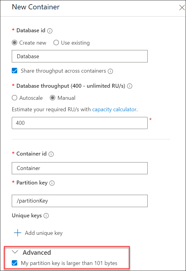 Create large partition keys using Azure portal