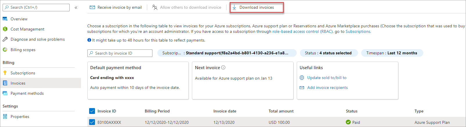 Screenshot that shows the download option for an M O S P support plan invoice.