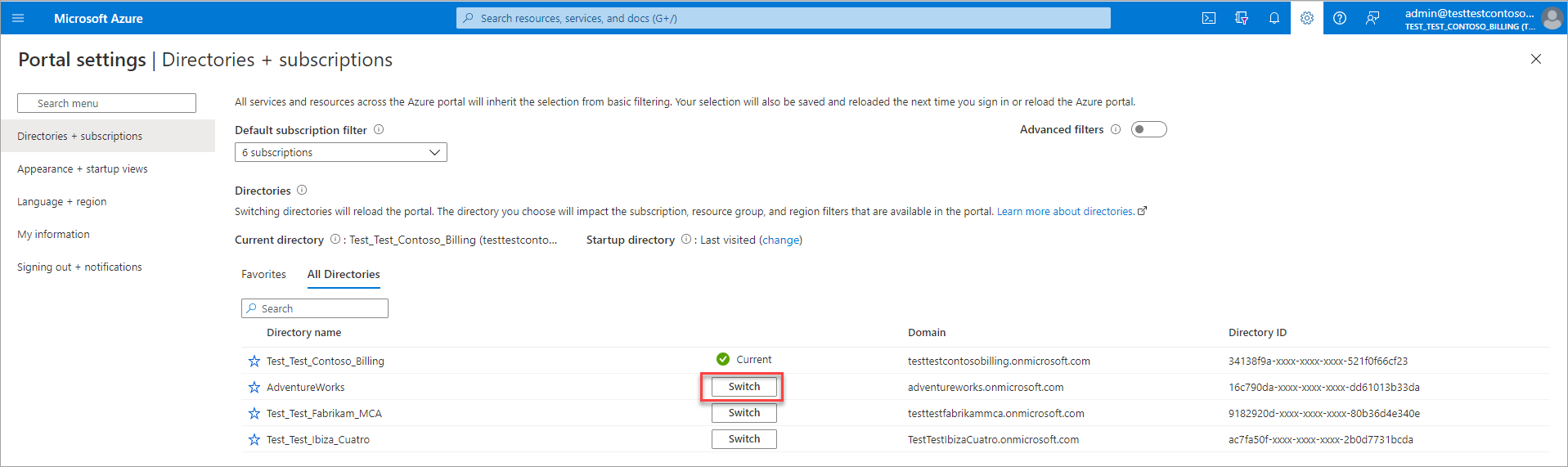 Screenshot that shows selecting a directory in the Azure portal.
