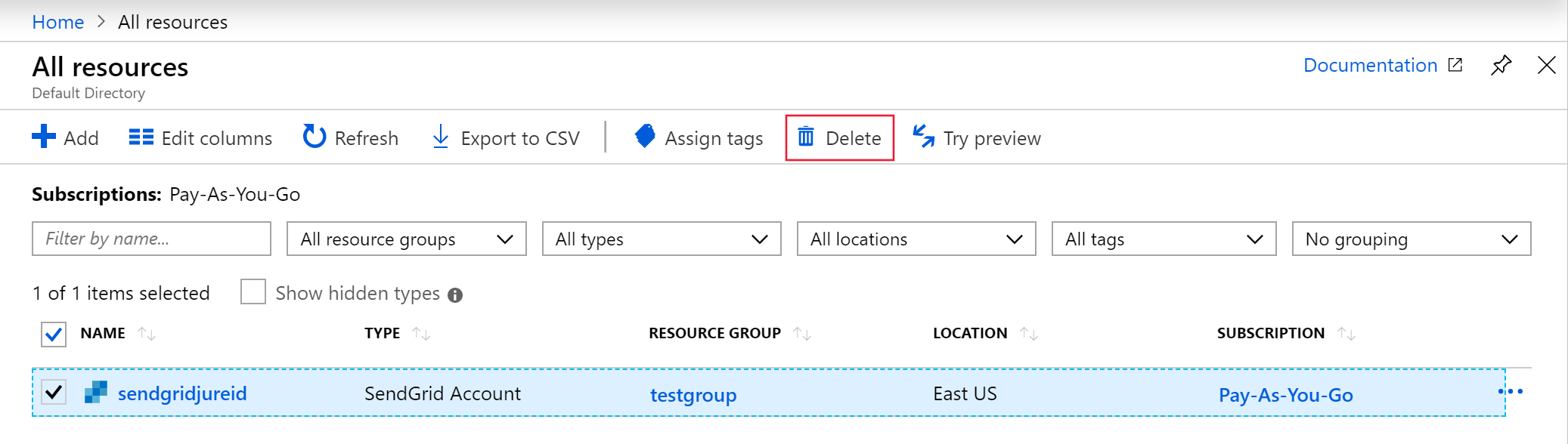 Screenshot showing the All resources page where you select Delete.