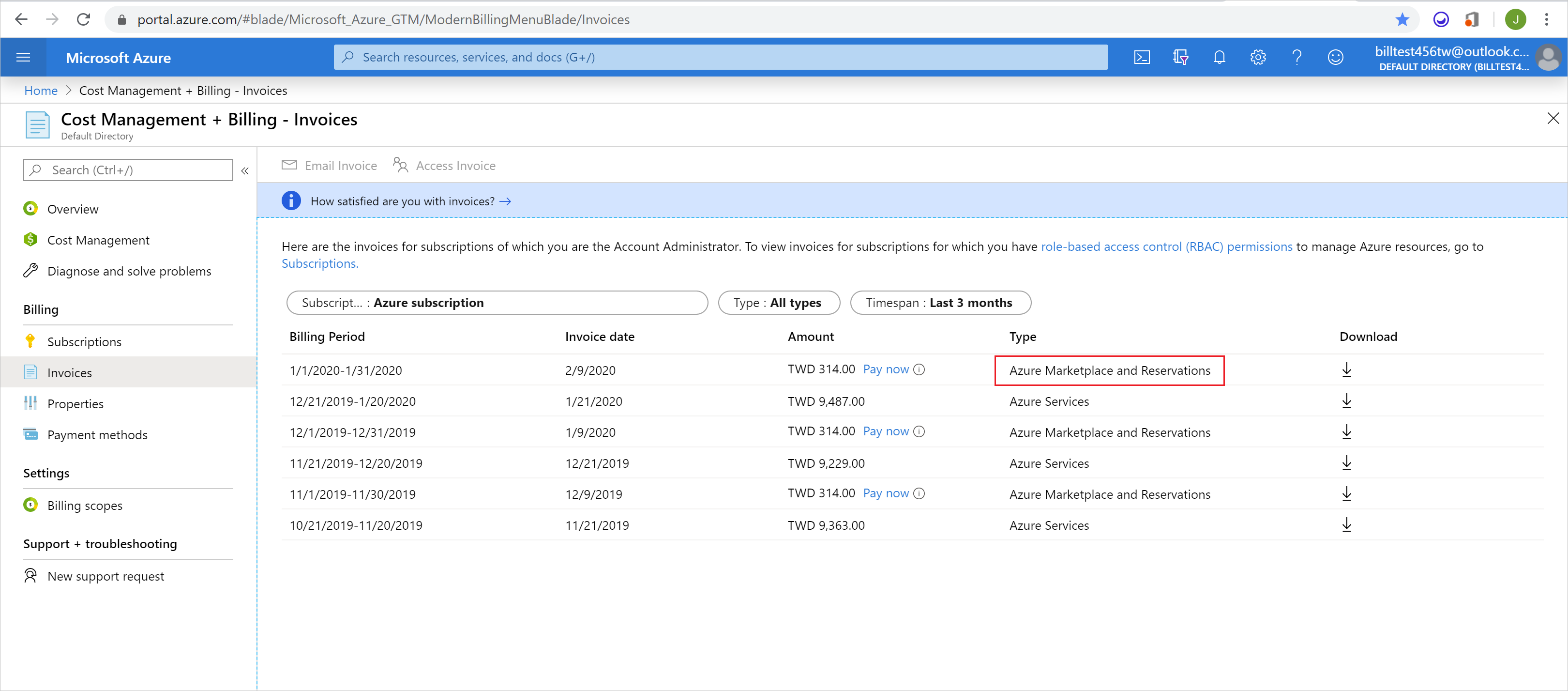 Screenshot showing billing invoices with Azure Marketplace and Reservations hightlighted..