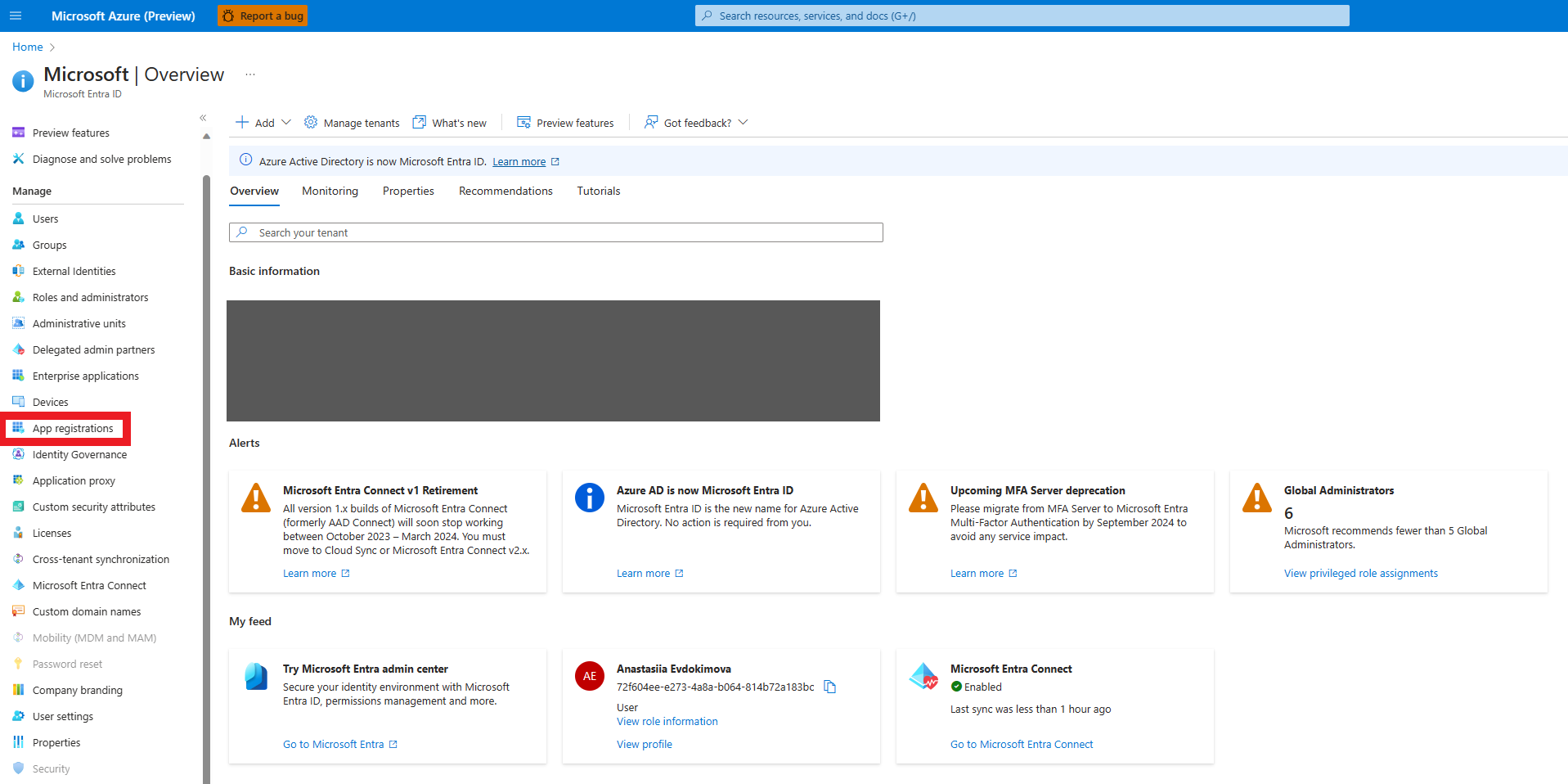Screenshot of the App registrations tab location in Azure portal.