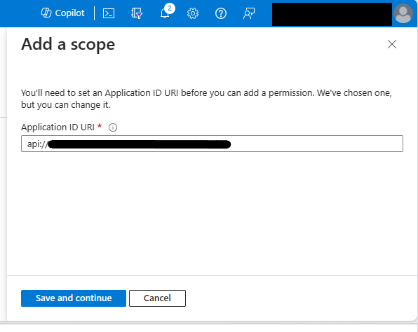 Screenshot of the popup view for adding the API scope URI.