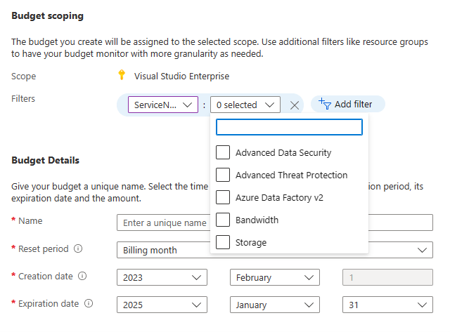 Screenshot of the Azure budgets page showing how to set budgets for a service.