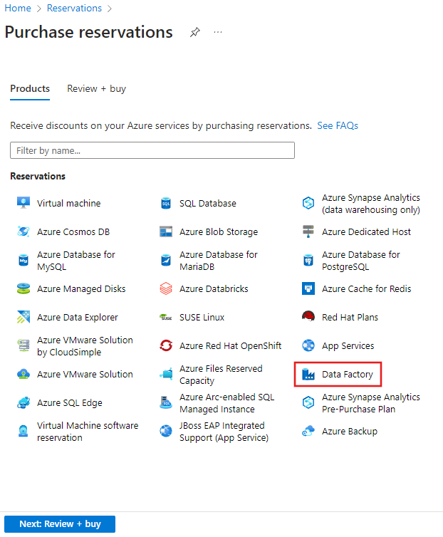 Screenshot showing the Azure reservations page with data factory highlighted.