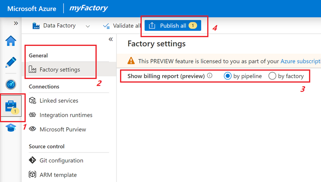 Screenshot showing the Azure Data Factory Studio manage tab's settings page with the billing by pipeline setting selected.