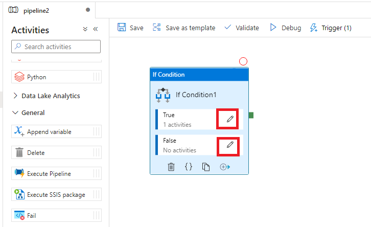Screenshot showing an example If Condition activity on the pipeline canvas highlighting the pencil icon.