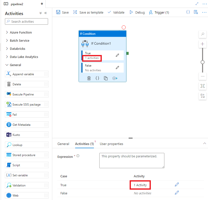 Screenshot showing an example If Condition activity with a contained activity inside.