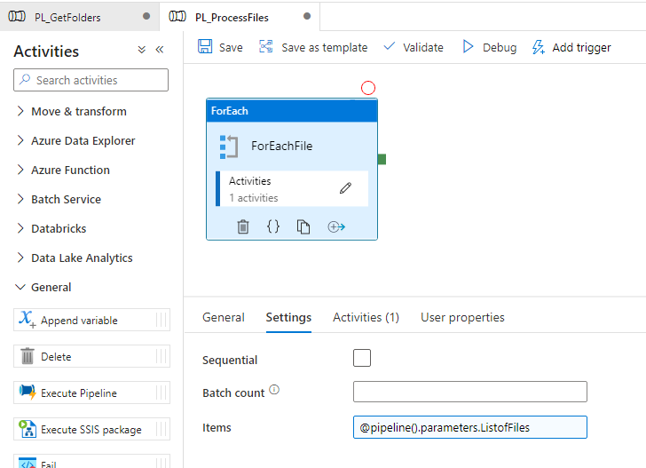 Screenshot showing an example child pipeline with a ForEach loop.