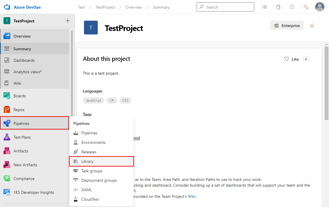 Screenshot shows the navigation pane in Azure DevOps Services with Pipelines selected and the Library option highlighted.