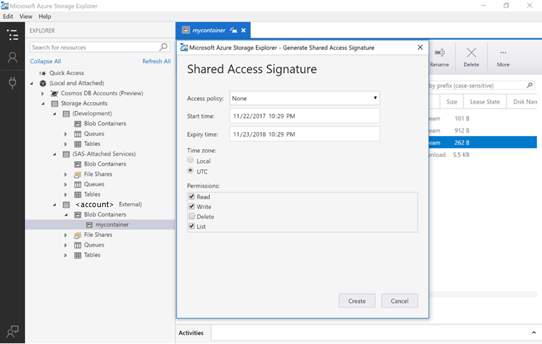 Generate the Shared Access Signature for the blob container