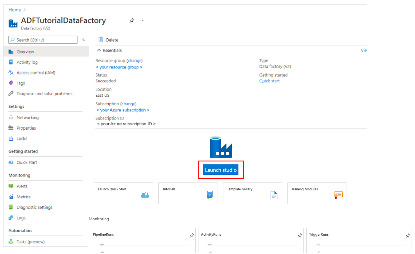 Home page for the Azure Data Factory, with the Open Azure Data Factory Studio tile highlighted.