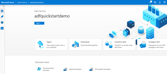 Shows a screenshot of the Azure Data Factory Studio home page.
