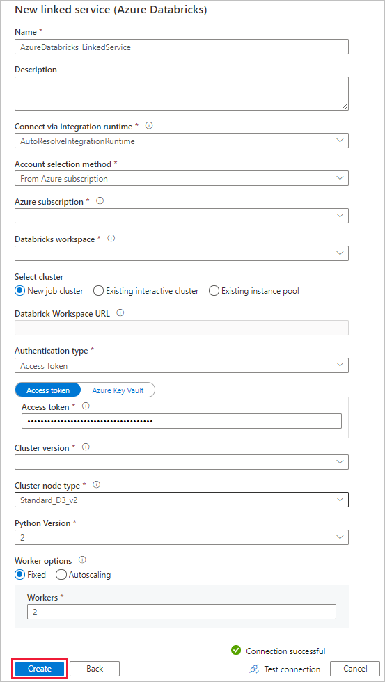 Screenshot showing the configuration of the new Azure Databricks linked service.