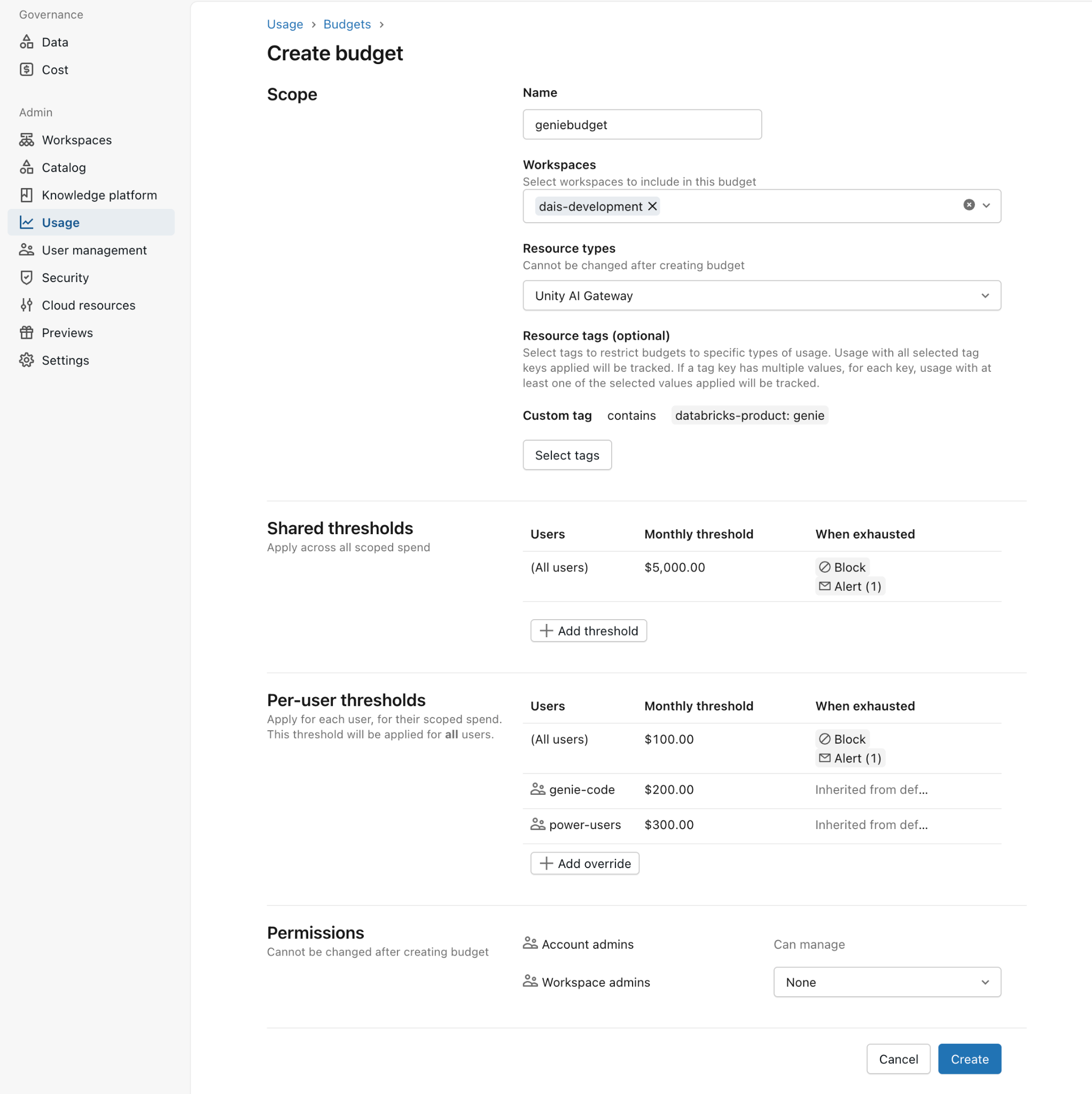 Example budget configuration for Genie usage.
