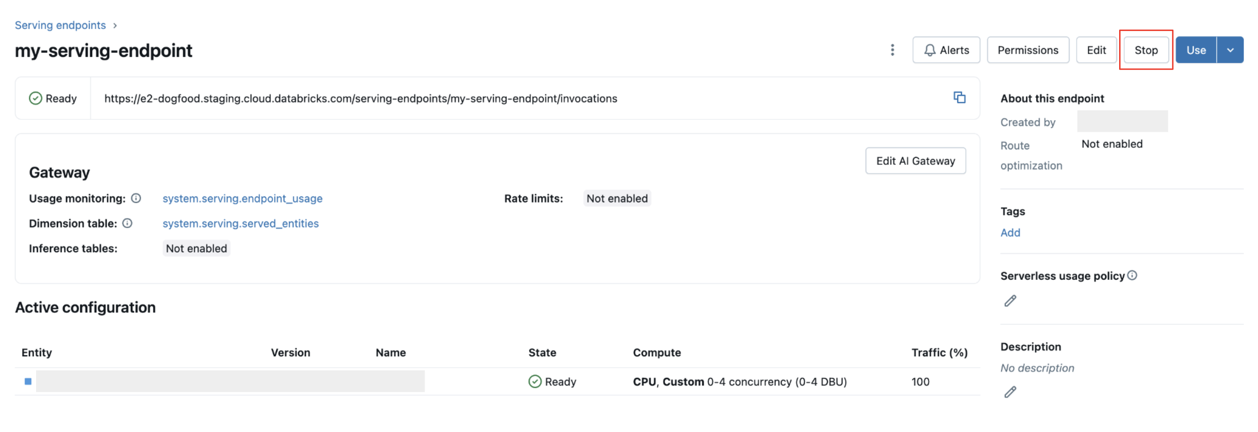 Stop a model serving endpoint using the Serving UI.