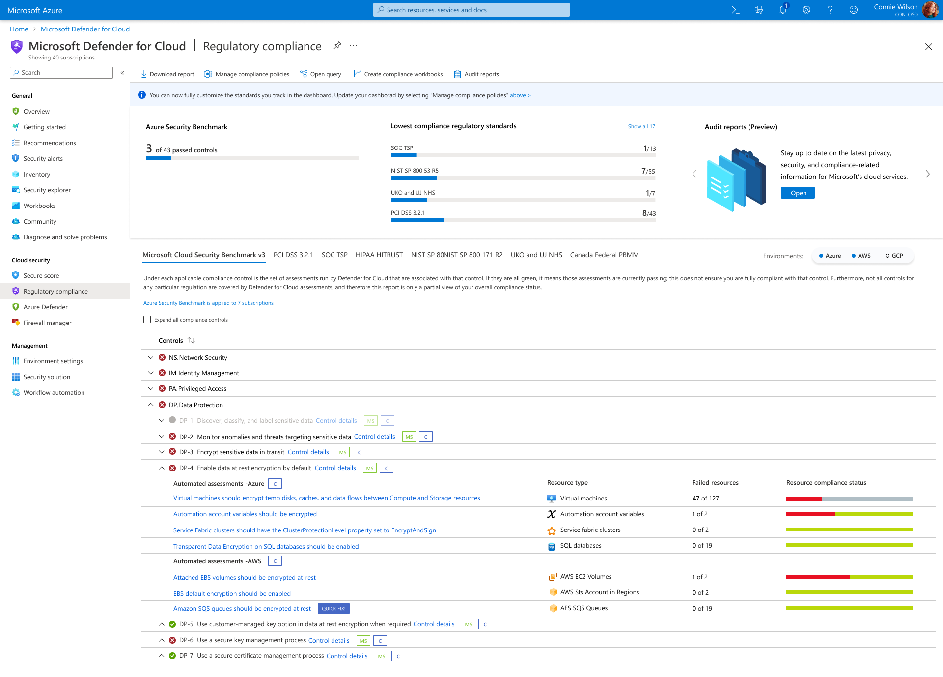 Screenshot of a sample regulatory compliance page in Defender for Cloud.