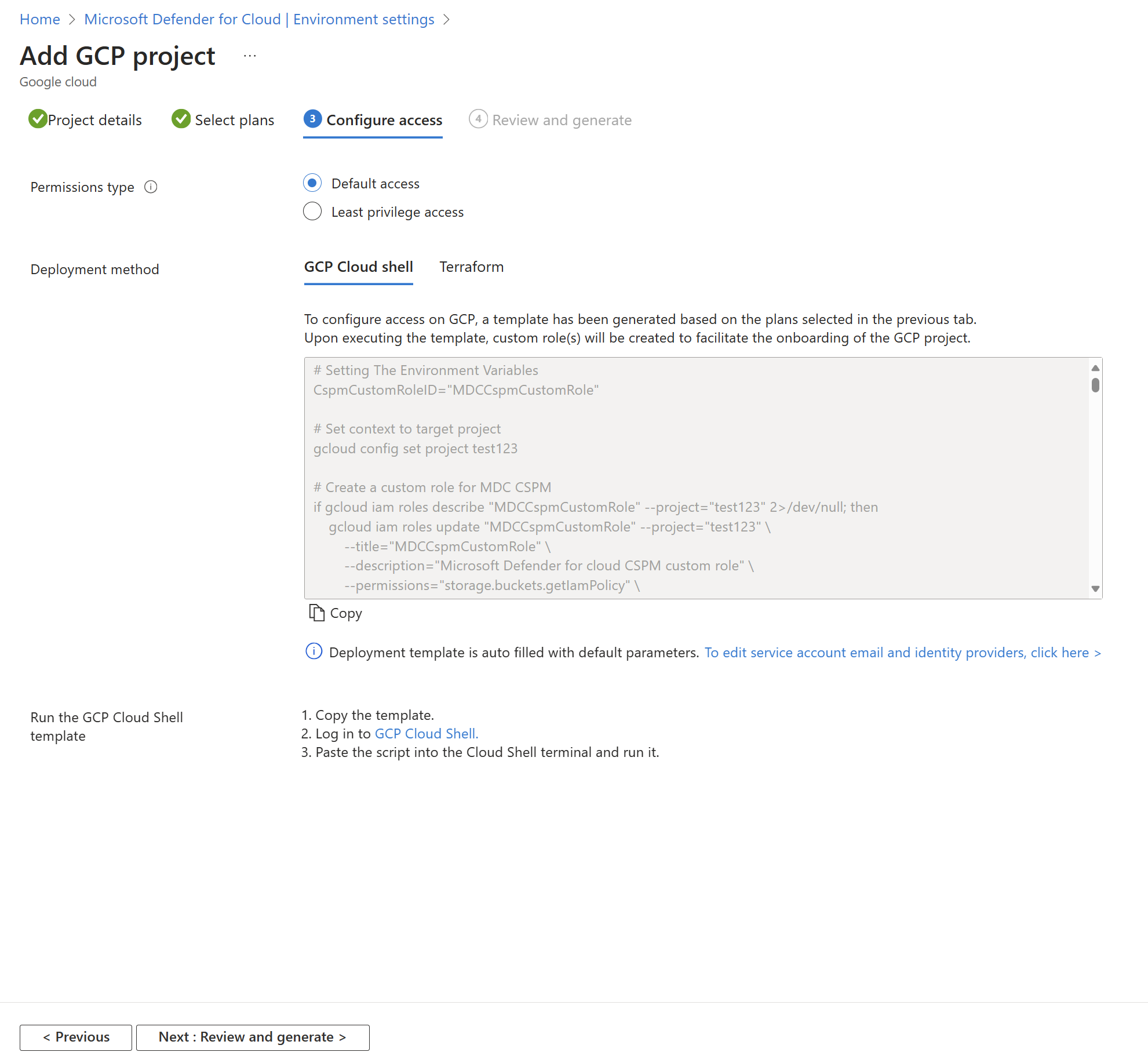 Screenshot of how to configure access for a GCP environment in Microsoft Defender for Cloud.