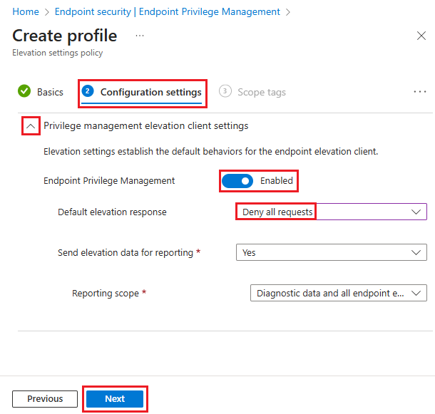 Screenshot that shows the Configuration settings tab, with Endpoint Privilege Management enabled and Default elevation response set to Deny all requests.