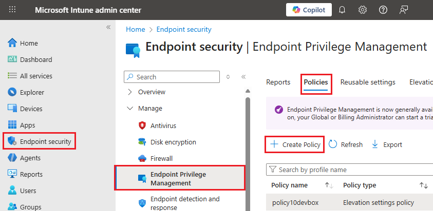 Screenshot that shows the Microsoft Intune admin center, showing the Endpoint Privilege Management pane.