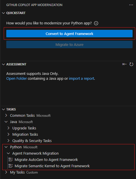 Screenshot of Visual Studio Code that shows the GitHub Copilot app modernization pane with the Convert to Agent Framework button highlighted.