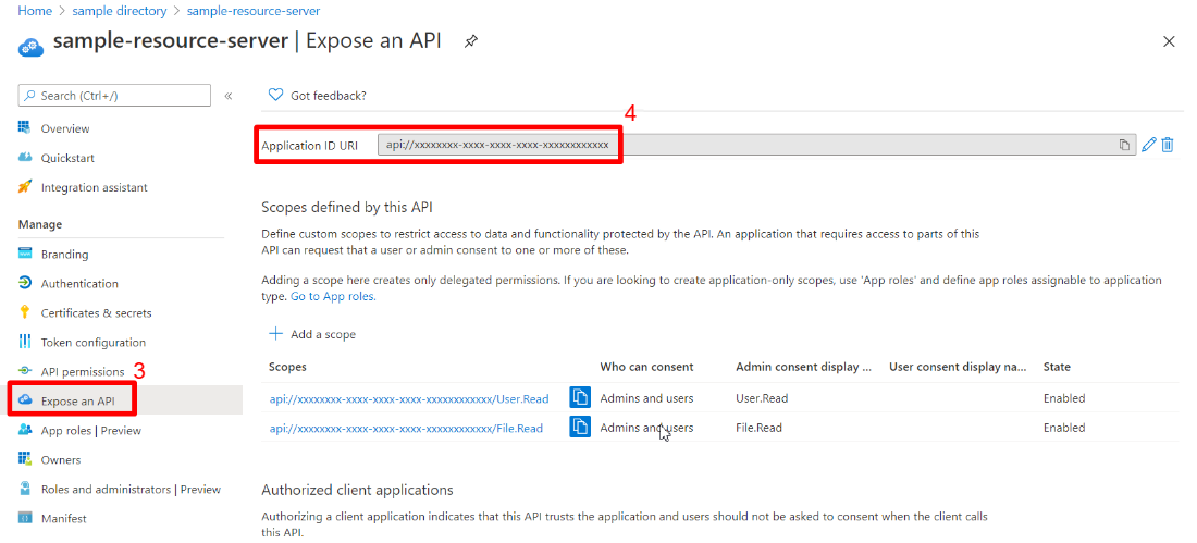 Screenshot of Azure portal showing web app Expose an API page with Application ID URI highlighted.
