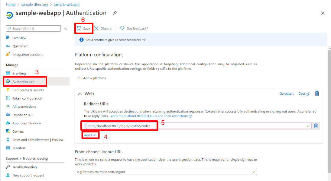 Screenshot of Azure portal showing web app authentication page with redirect URI highlighted.